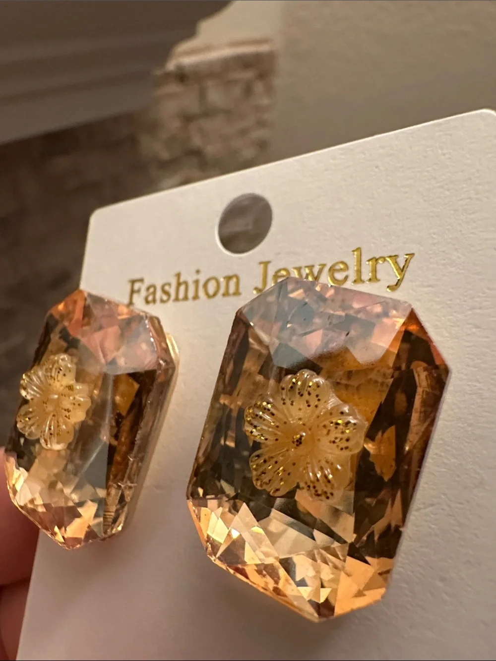Fashion Jewelry Champagne Amber Faceted Crystal Stud Earrings